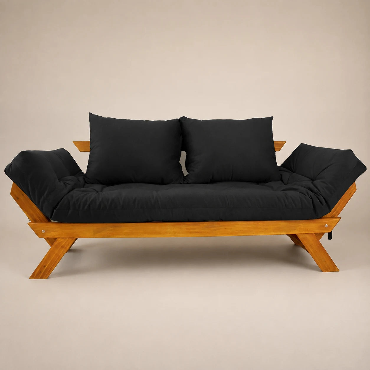 Sofá Cama Reclinável Futon Japão - Madeira Mel Tecido Acquablock Cor Preto