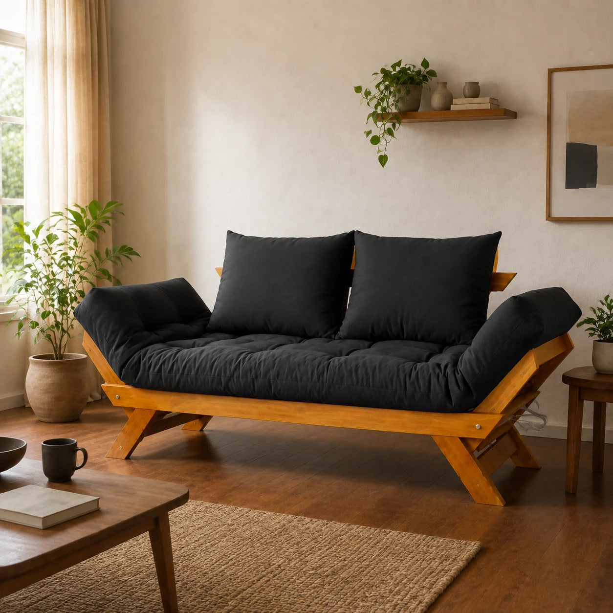 Sof� Cama Reclin�vel Futon Jap�o - Madeira Mel Tecido Acquablock CorPreto - ambientada