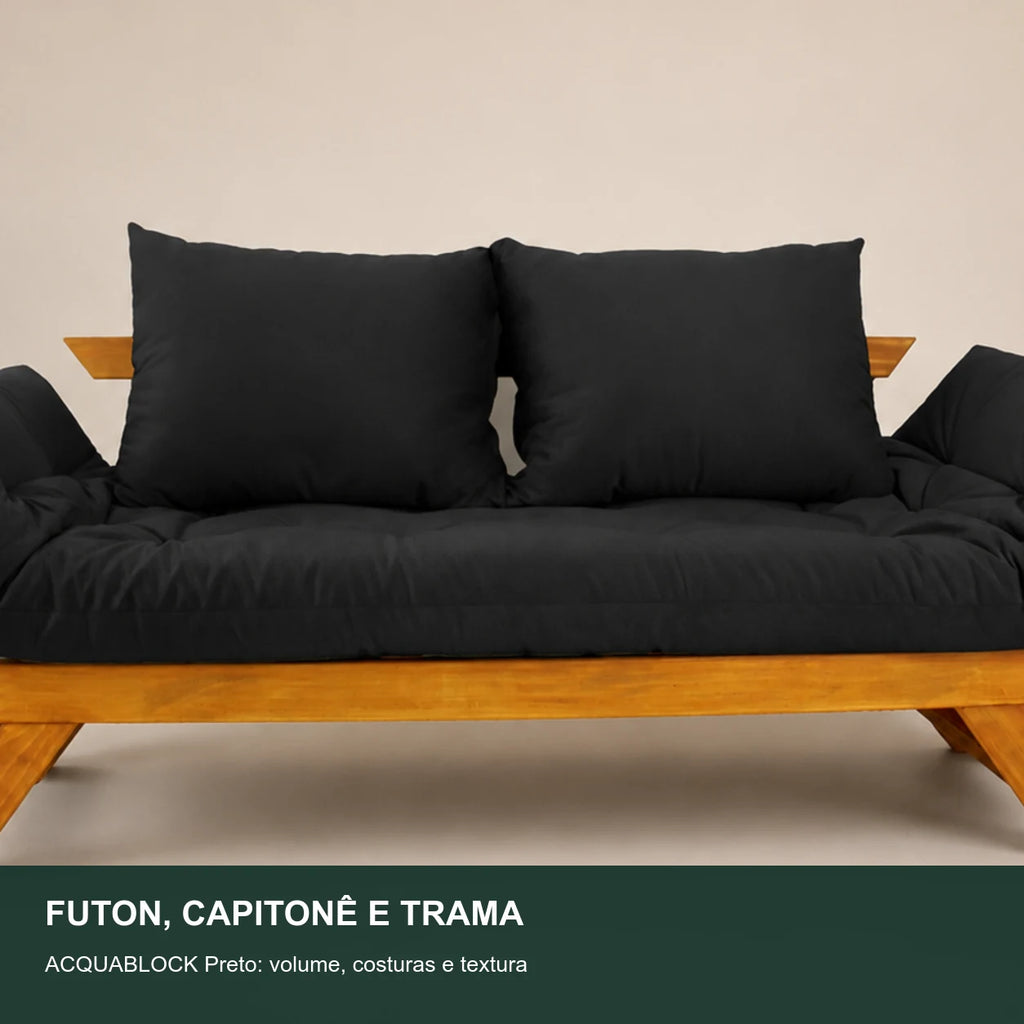 Sof� Cama Reclin�vel Futon Jap�o - Madeira Mel Tecido Acquablock CorPreto - detalhe-capitone