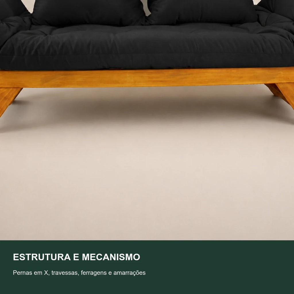 Sof� Cama Reclin�vel Futon Jap�o - Madeira Mel Tecido Acquablock CorPreto - detalhe-mecanismo