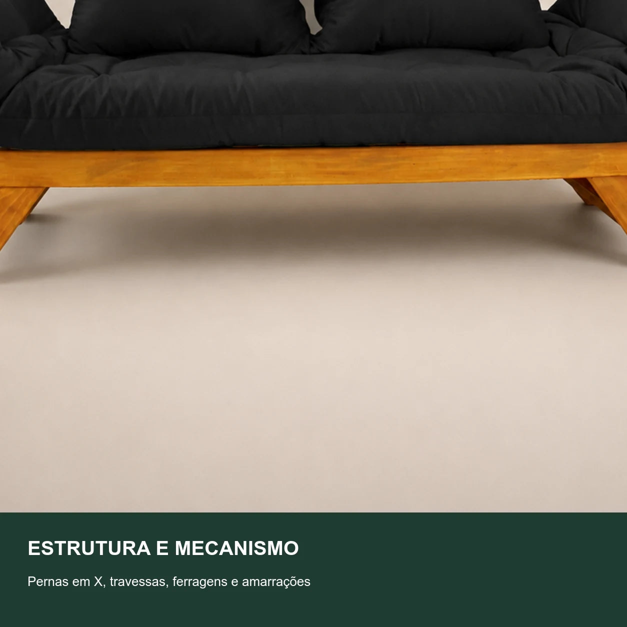 Sof� Cama Reclin�vel Futon Jap�o - Madeira Mel Tecido Acquablock CorPreto - detalhe-mecanismo