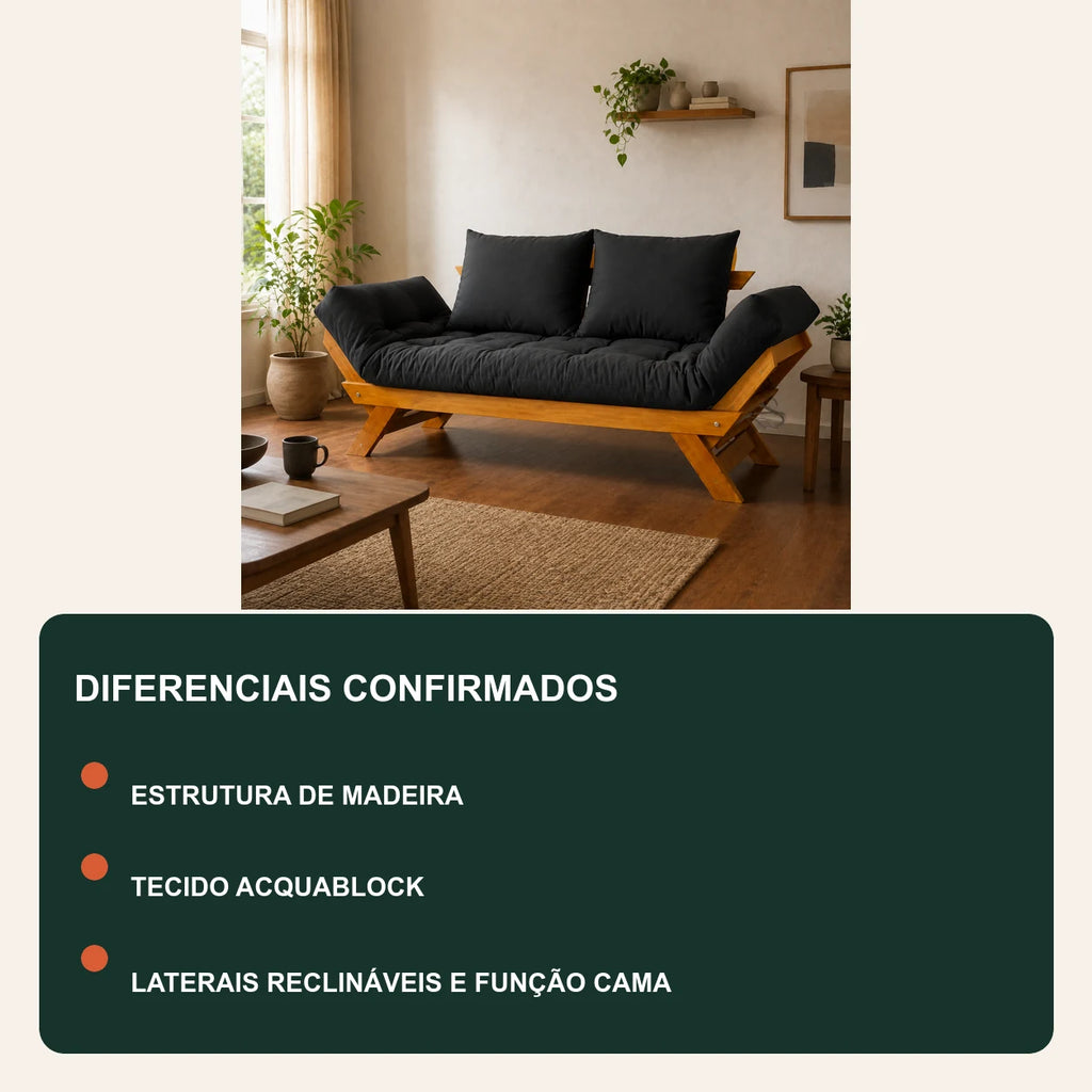 Sof� Cama Reclin�vel Futon Jap�o - Madeira Mel Tecido Acquablock CorPreto - diferenciais