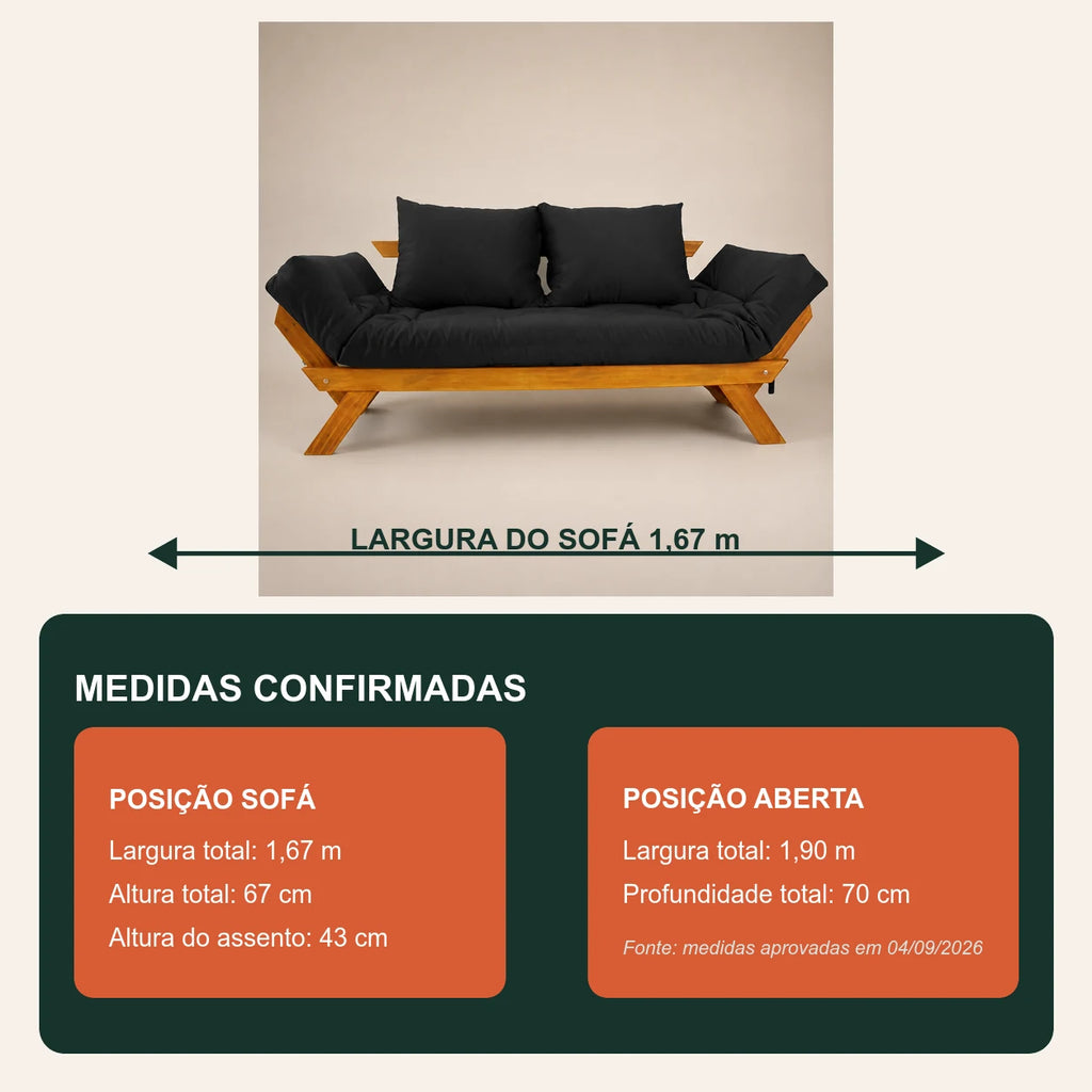 Sof� Cama Reclin�vel Futon Jap�o - Madeira Mel Tecido Acquablock CorPreto - medidas