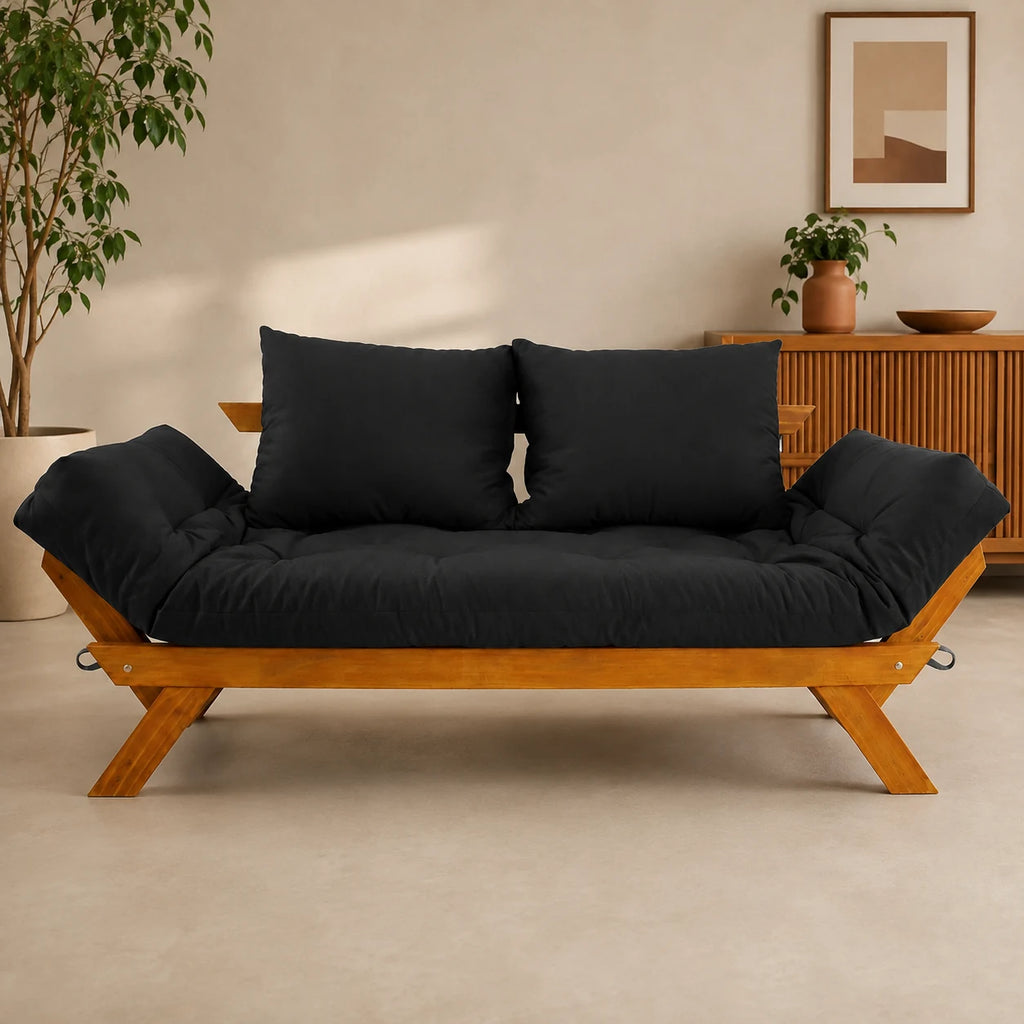 Sof� Cama Reclin�vel Futon Jap�o - Madeira Mel Tecido Acquablock CorPreto - reclinada