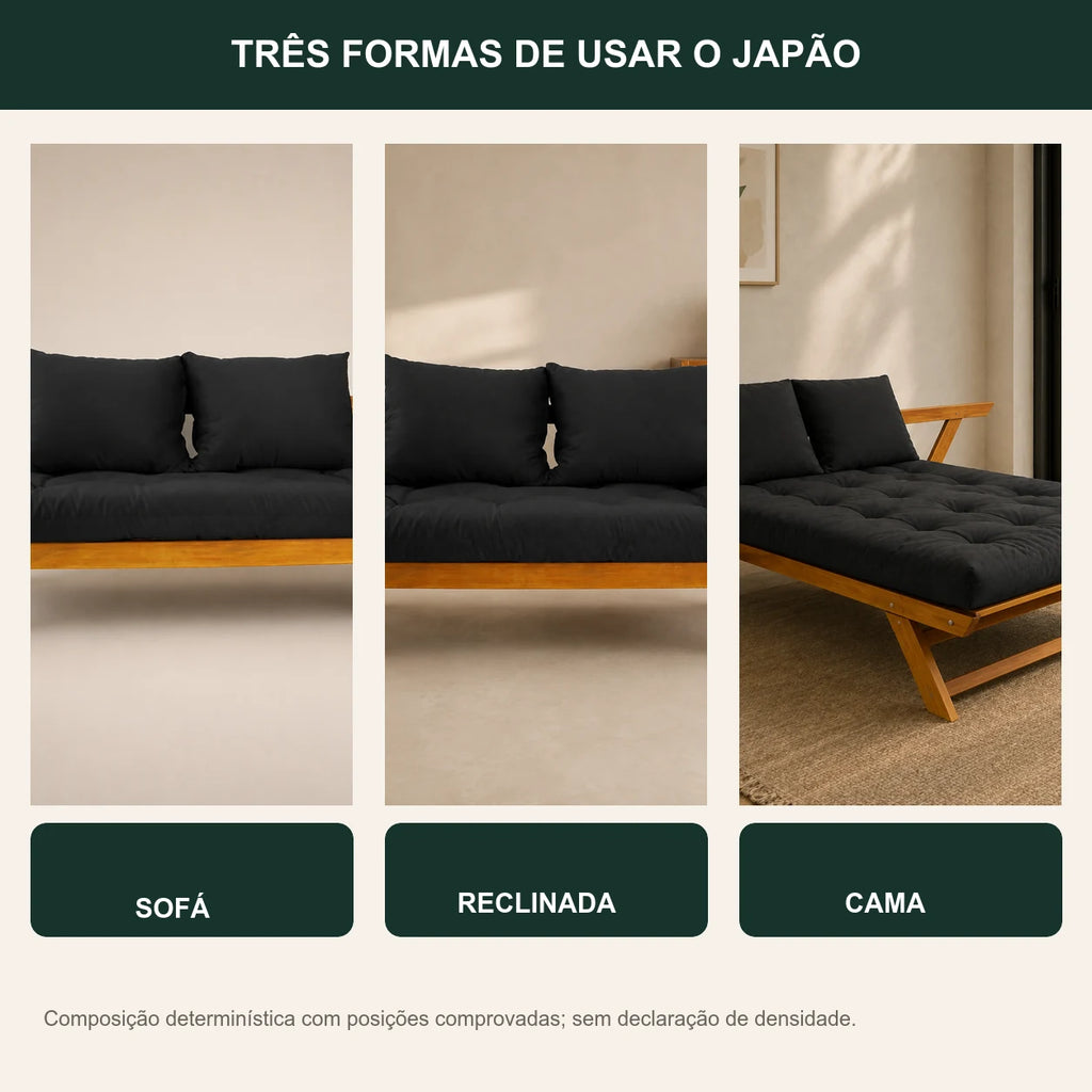 Sof� Cama Reclin�vel Futon Jap�o - Madeira Mel Tecido Acquablock CorPreto - transformacao