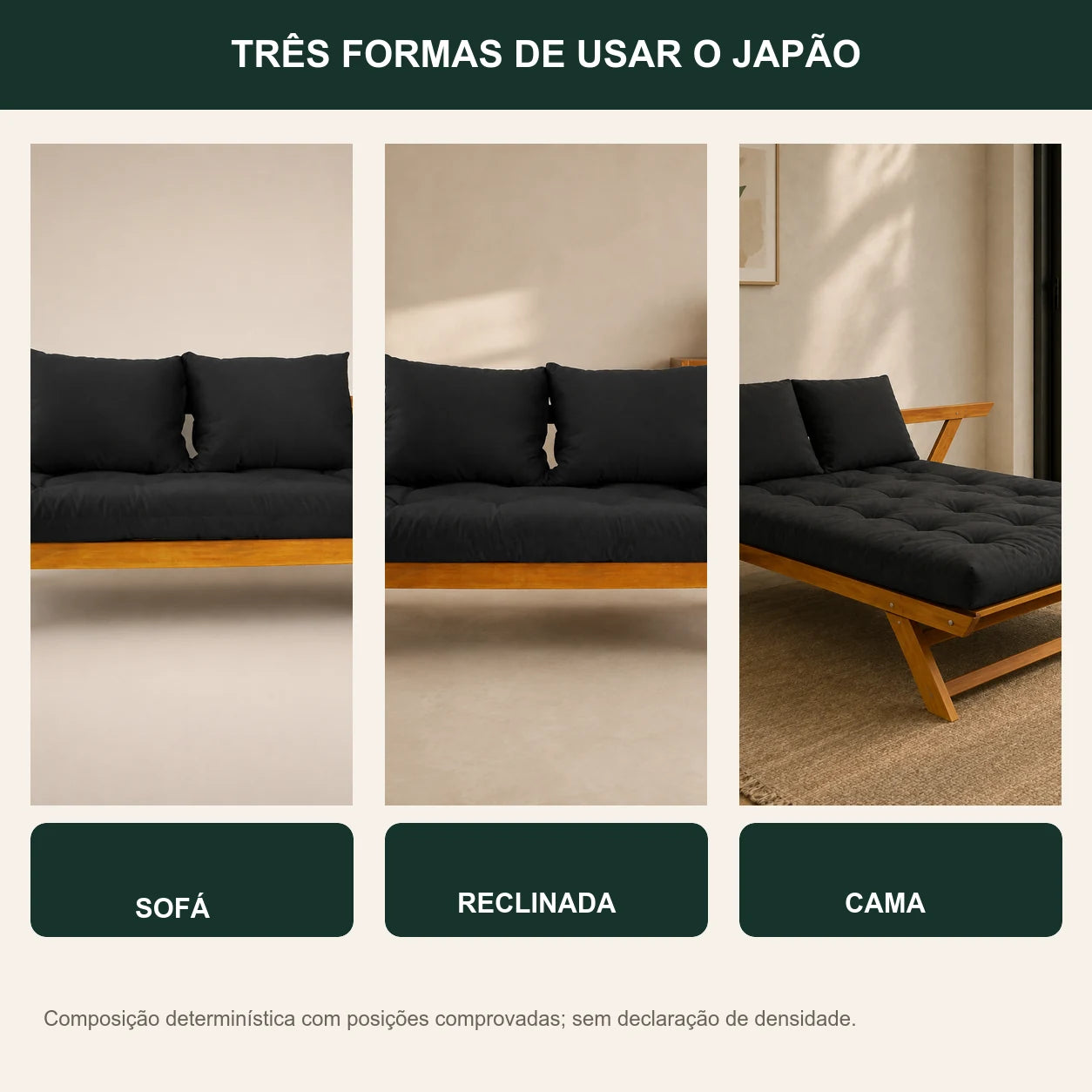 Sof� Cama Reclin�vel Futon Jap�o - Madeira Mel Tecido Acquablock CorPreto - transformacao