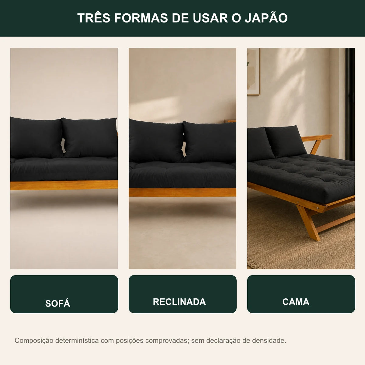 Sof� Cama Futon Reclin�vel Jap�o - Madeira Nobre Natural Tecido Acquablock Cor Preto - transformacao