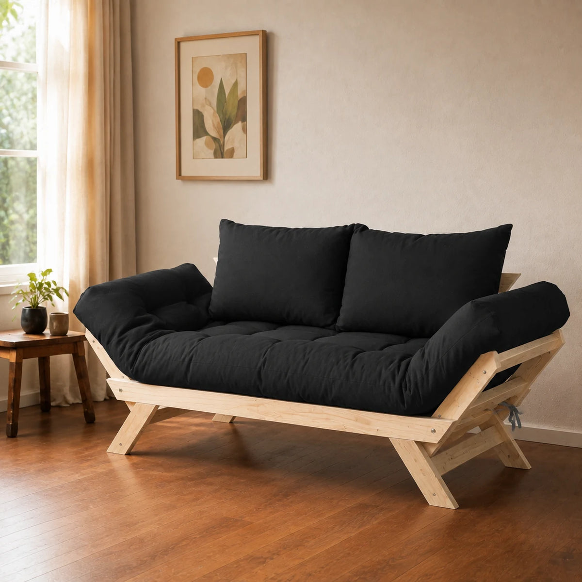 Sof� Cama Reclin�vel Futon Jap�o - Madeira Sem Pintura Tecido Acquablock Cor Preto - ambientada