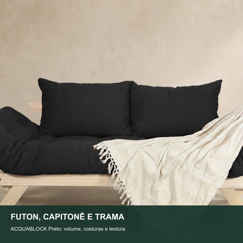 Sof� Cama Reclin�vel Futon Jap�o - Madeira Sem Pintura Tecido Acquablock Cor Preto - detalhe-capitone