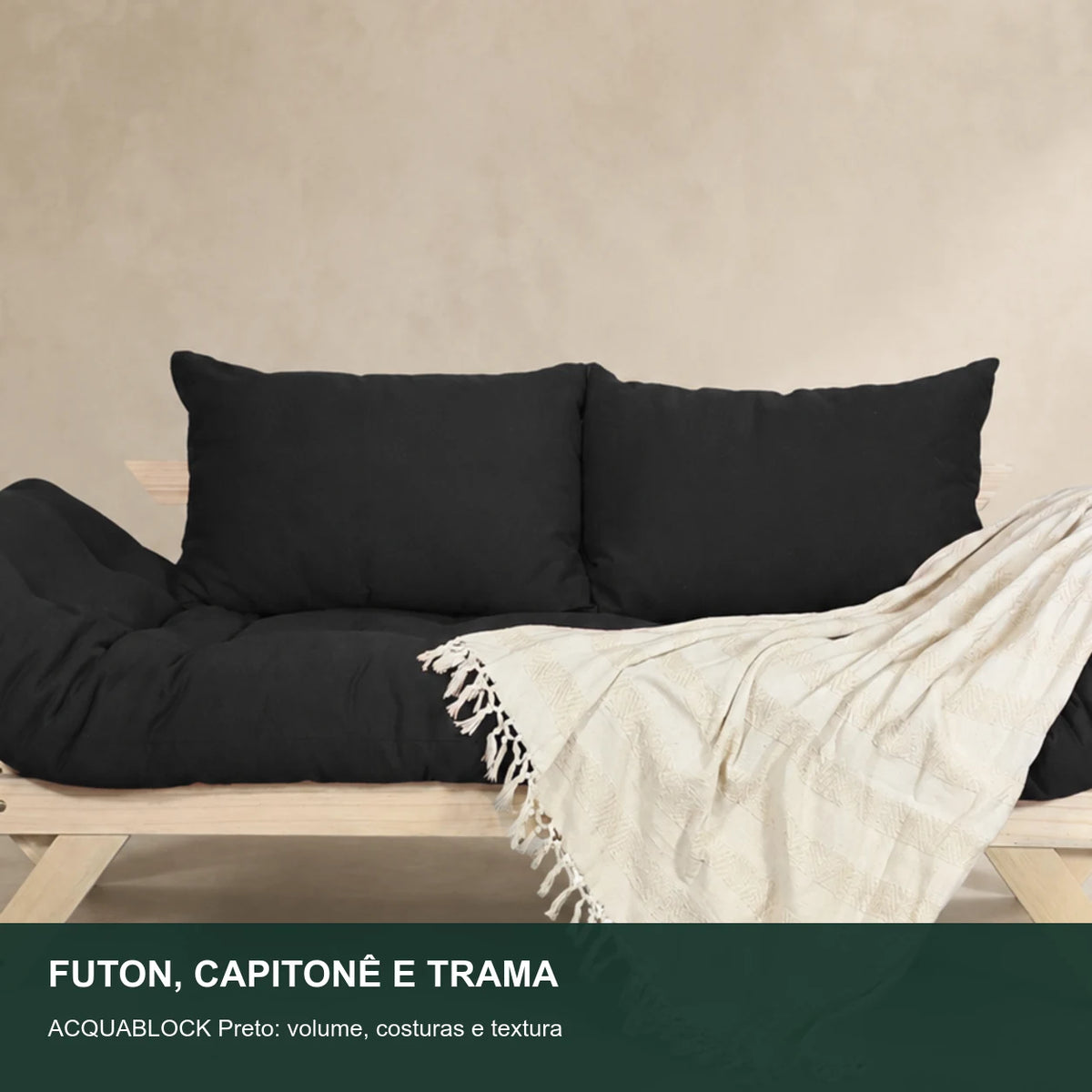 Sof� Cama Reclin�vel Futon Jap�o - Madeira Sem Pintura Tecido Acquablock Cor Preto - detalhe-capitone