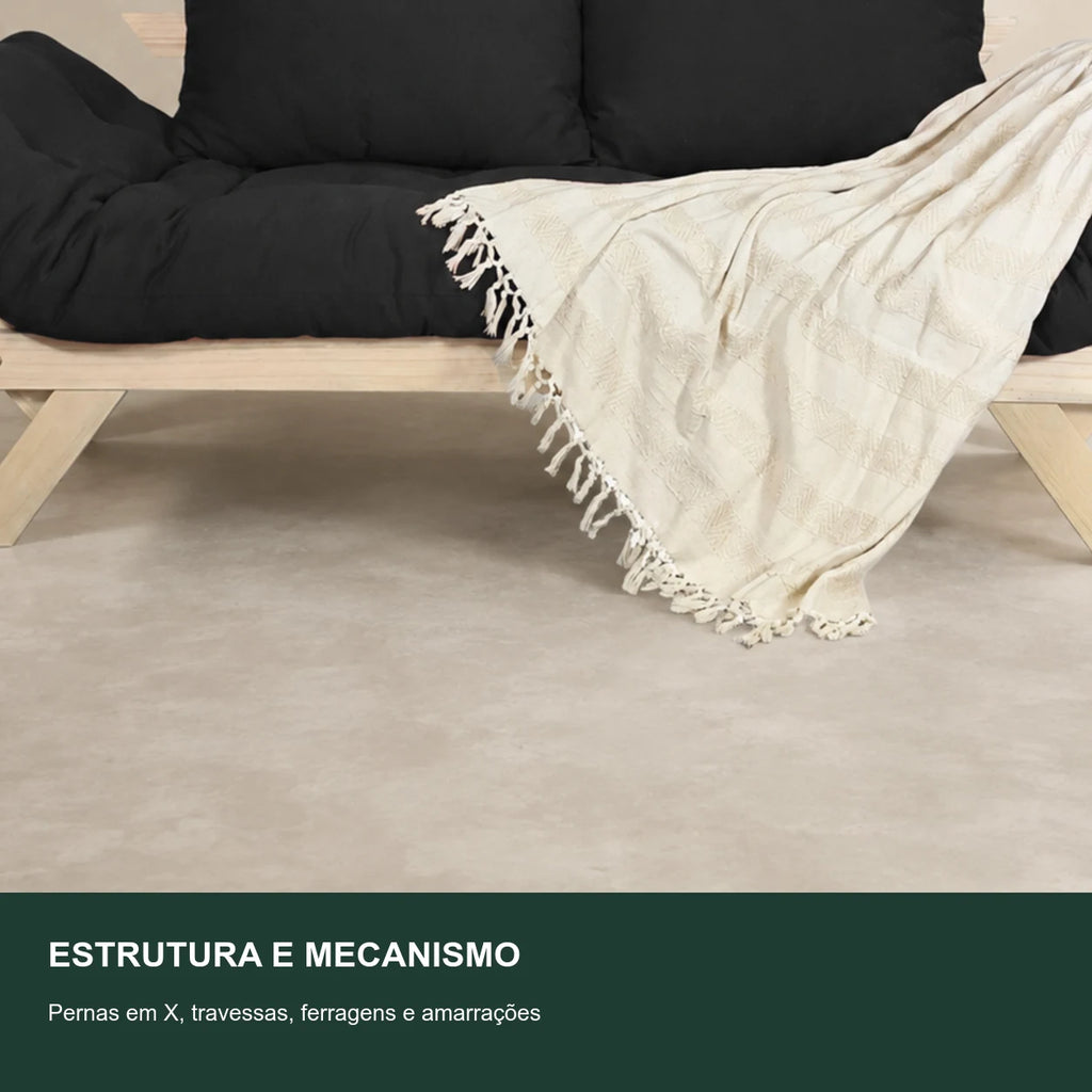Sof� Cama Reclin�vel Futon Jap�o - Madeira Sem Pintura Tecido Acquablock Cor Preto - detalhe-mecanismo