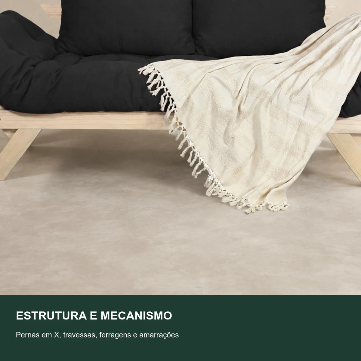 Sof� Cama Reclin�vel Futon Jap�o - Madeira Sem Pintura Tecido Acquablock Cor Preto - detalhe-mecanismo