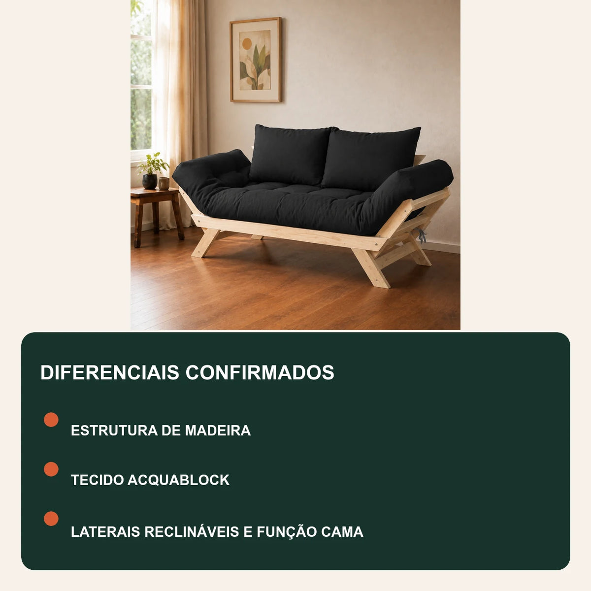 Sof� Cama Reclin�vel Futon Jap�o - Madeira Sem Pintura Tecido Acquablock Cor Preto - diferenciais