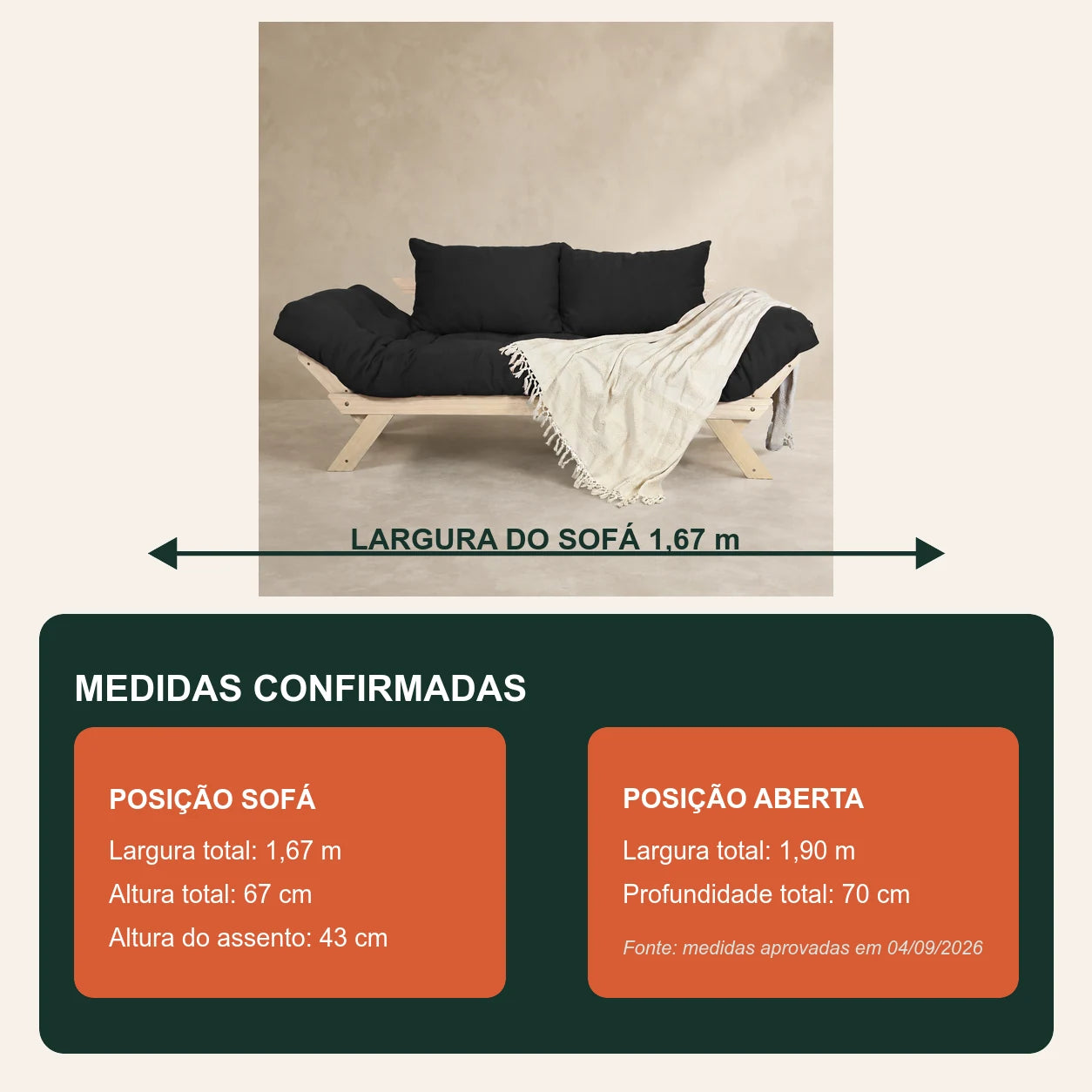 Sof� Cama Reclin�vel Futon Jap�o - Madeira Sem Pintura Tecido Acquablock Cor Preto - medidas