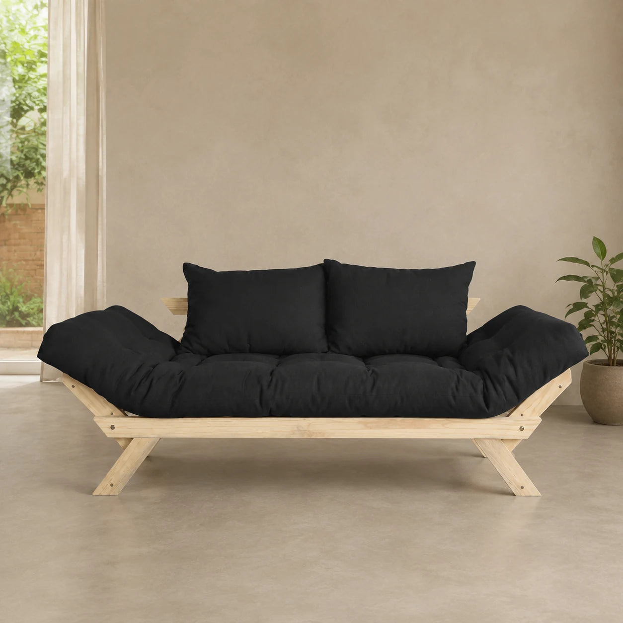 Sof� Cama Reclin�vel Futon Jap�o - Madeira Sem Pintura Tecido Acquablock Cor Preto - reclinada