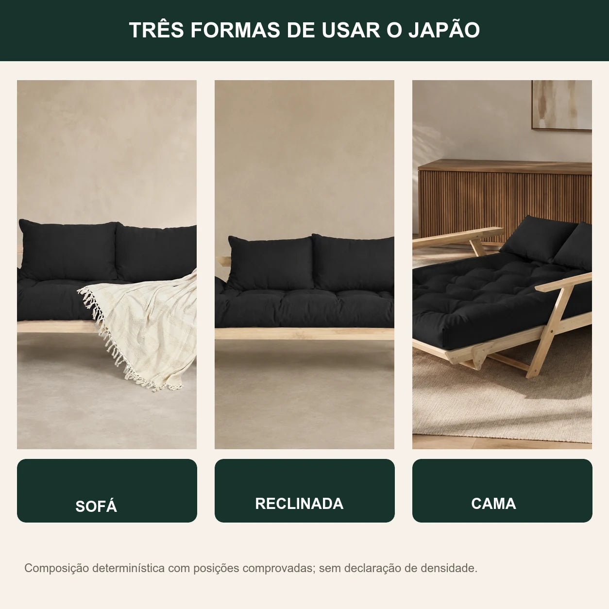 Sof� Cama Reclin�vel Futon Jap�o - Madeira Sem Pintura Tecido Acquablock Cor Preto - transformacao