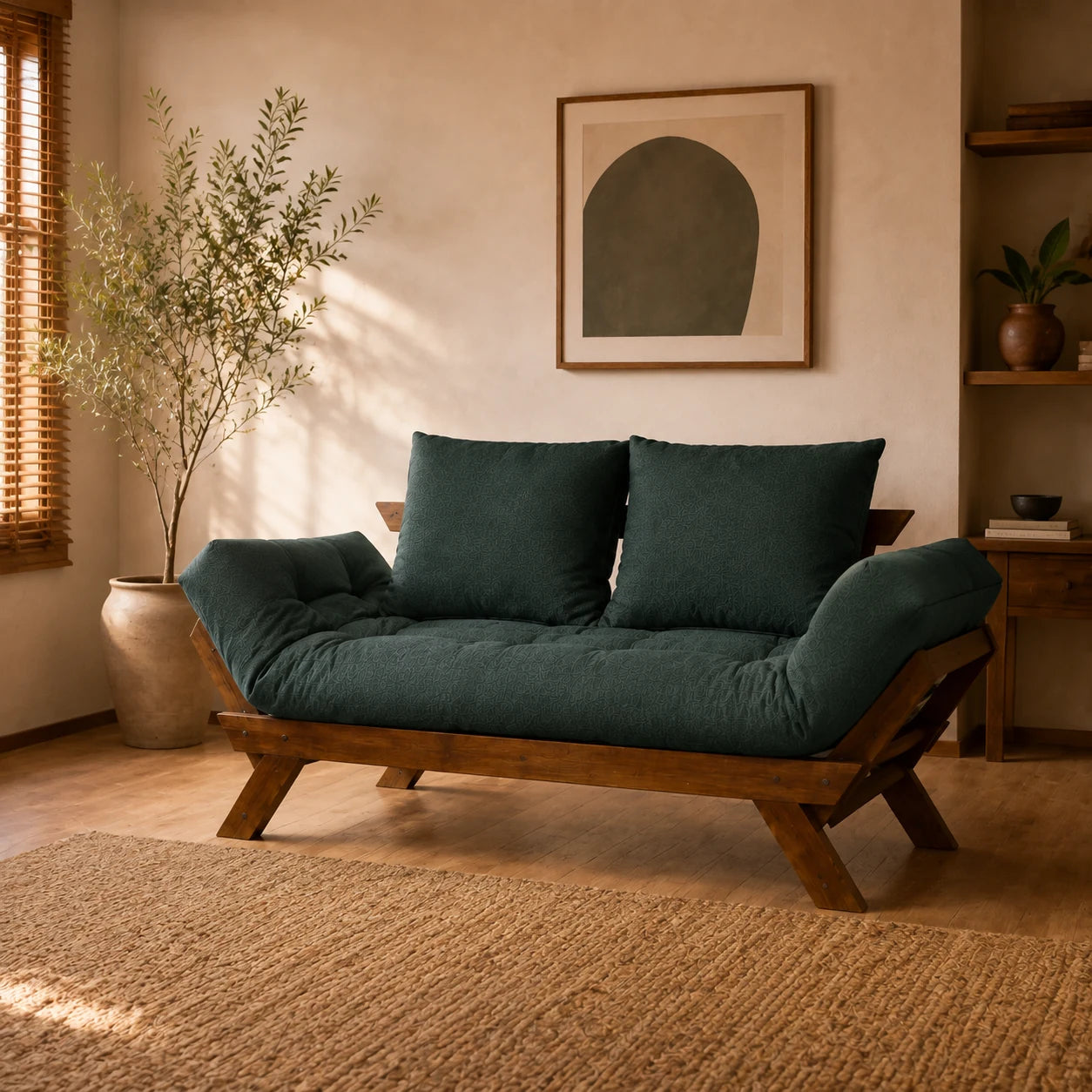 Sof� Cama Reclin�vel Futon Jap�o - Madeira Imbuia Tecido Acquablock Cor Verde Oliva - ambientada