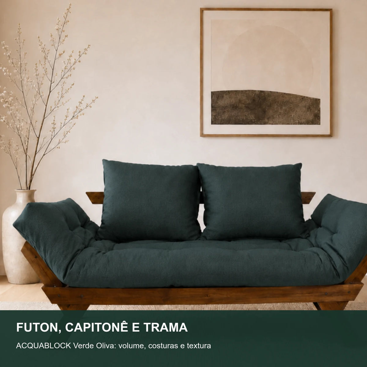 Sof� Cama Reclin�vel Futon Jap�o - Madeira Imbuia Tecido Acquablock Cor Verde Oliva - detalhe-capitone