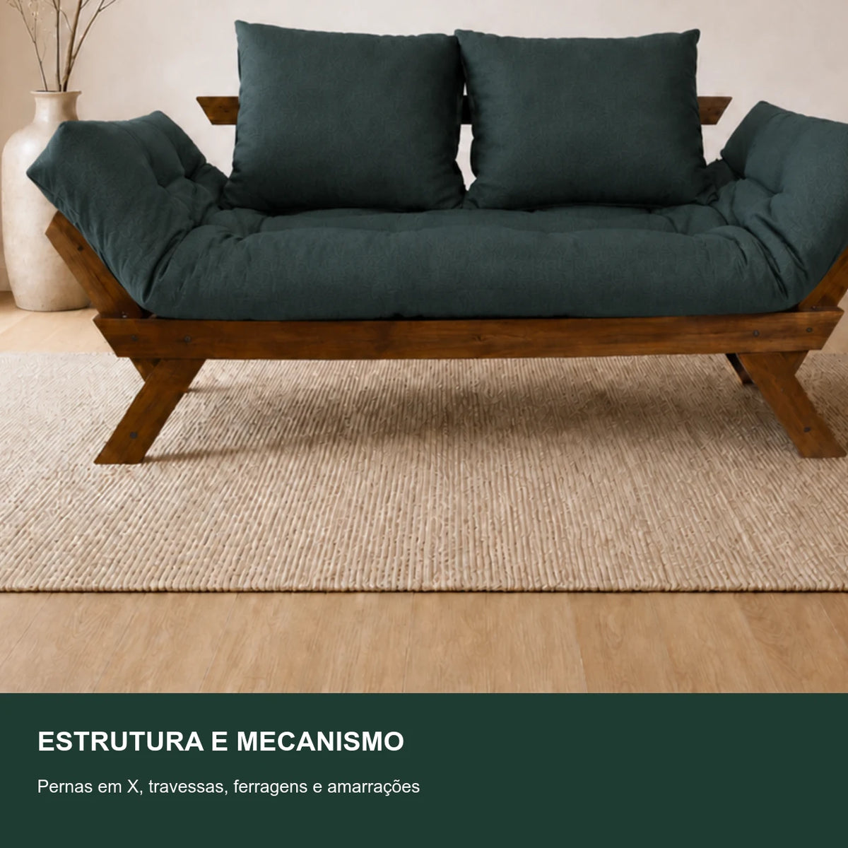 Sof� Cama Reclin�vel Futon Jap�o - Madeira Imbuia Tecido Acquablock Cor Verde Oliva - detalhe-mecanismo