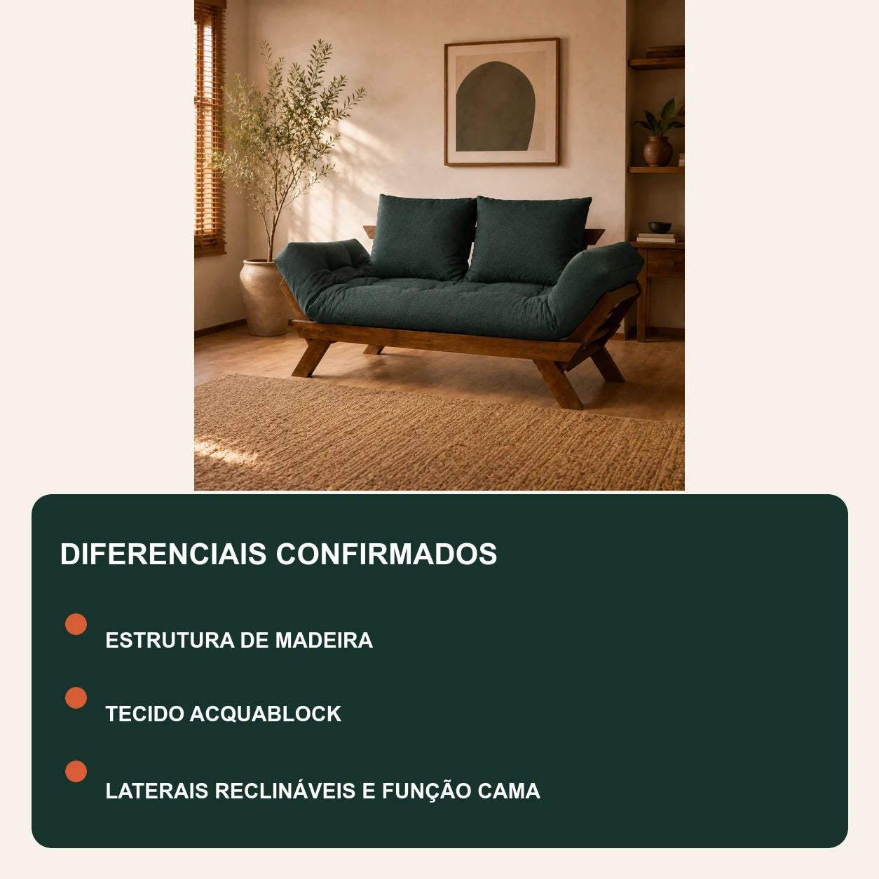 Sof� Cama Reclin�vel Futon Jap�o - Madeira Imbuia Tecido Acquablock Cor Verde Oliva - diferenciais