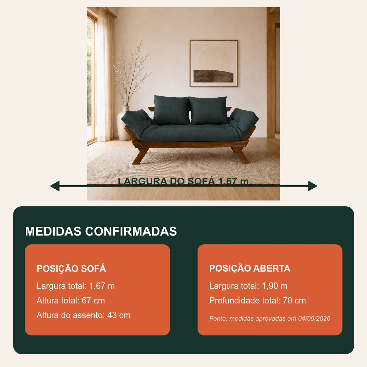 Sof� Cama Reclin�vel Futon Jap�o - Madeira Imbuia Tecido Acquablock Cor Verde Oliva - medidas