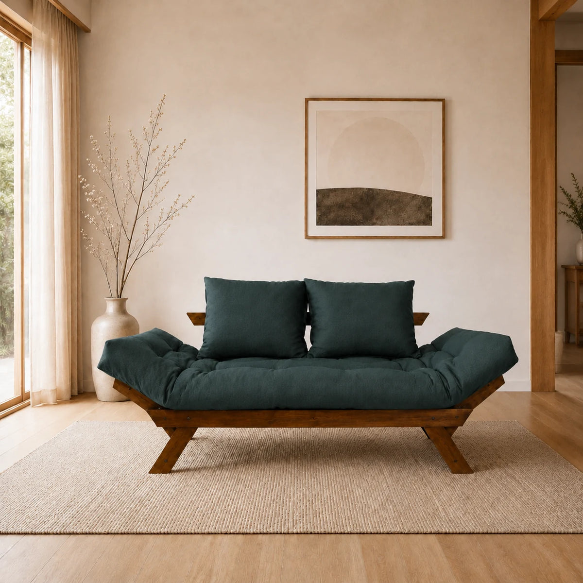 Sof� Cama Reclin�vel Futon Jap�o - Madeira Imbuia Tecido Acquablock Cor Verde Oliva - reclinada