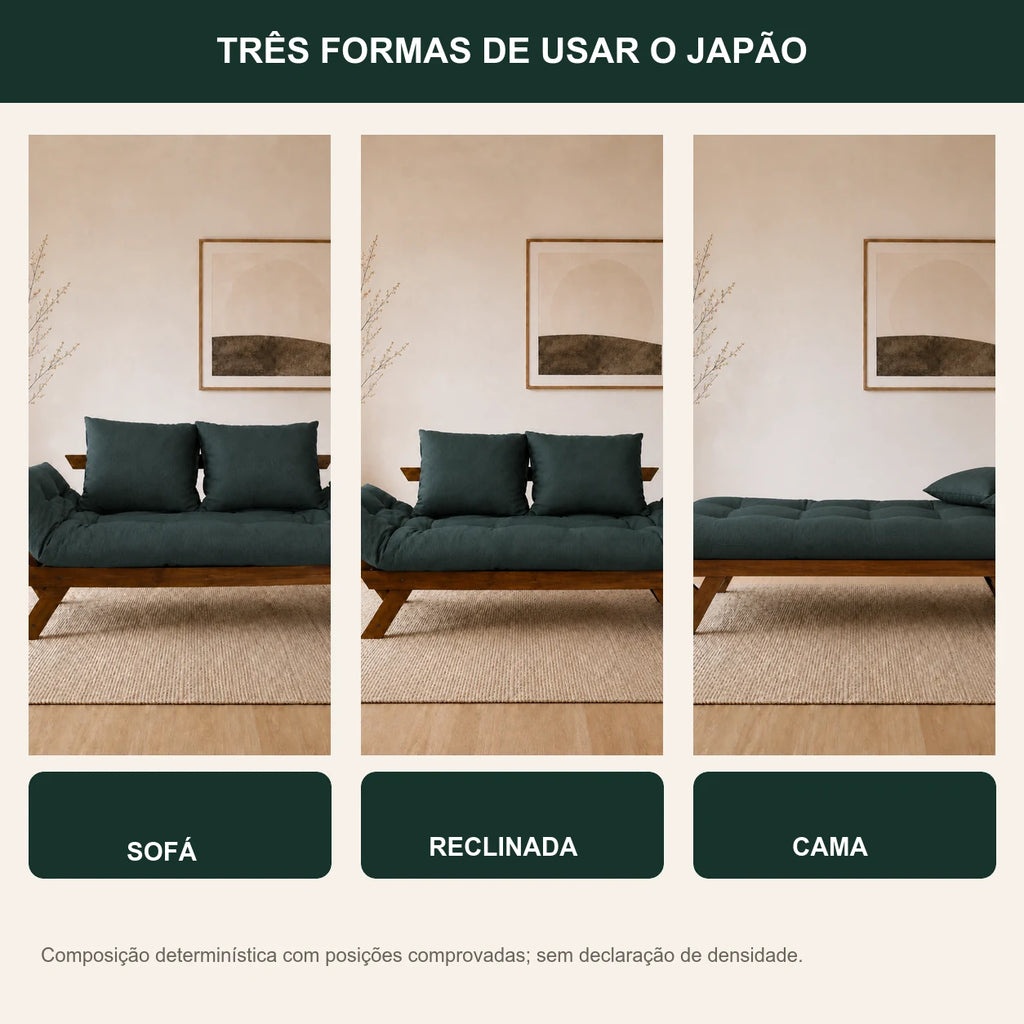 Sof� Cama Reclin�vel Futon Jap�o - Madeira Imbuia Tecido Acquablock Cor Verde Oliva - transformacao