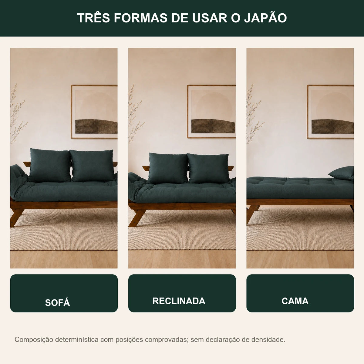 Sof� Cama Reclin�vel Futon Jap�o - Madeira Imbuia Tecido Acquablock Cor Verde Oliva - transformacao