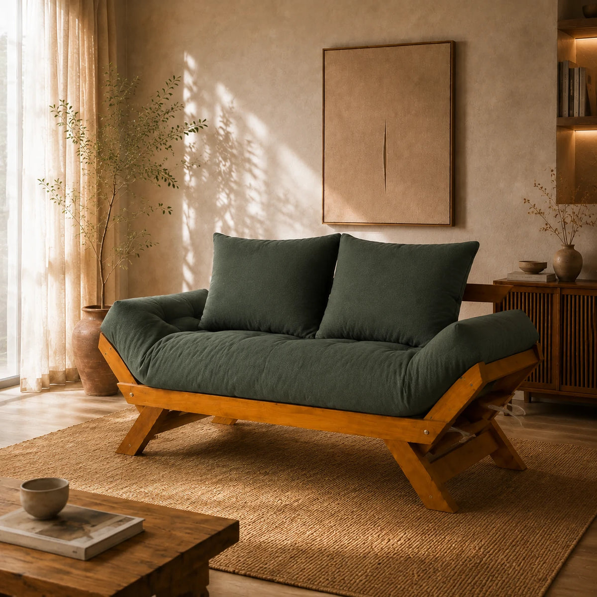 Sof� Cama Reclin�vel Futon D33 Jap�o  - Madeira Mel Tecido Acquablock Cor Verde Oliva - ambientada