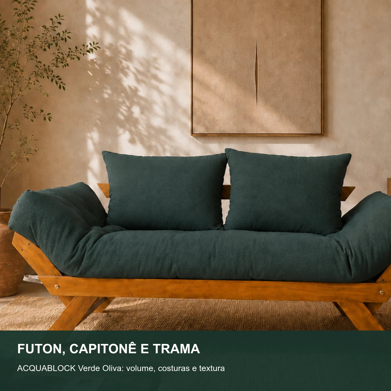 Sof� Cama Reclin�vel Futon Jap�o  - Madeira Mel Tecido Acquablock Cor Verde Oliva - detalhe-capitone