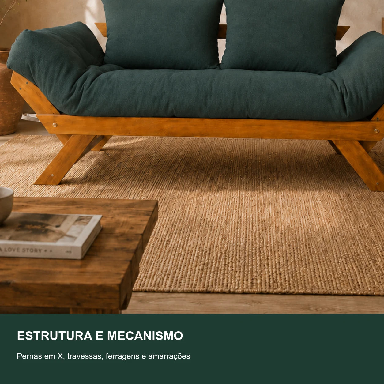 Sof� Cama Reclin�vel Futon Jap�o  - Madeira Mel Tecido Acquablock Cor Verde Oliva - detalhe-mecanismo