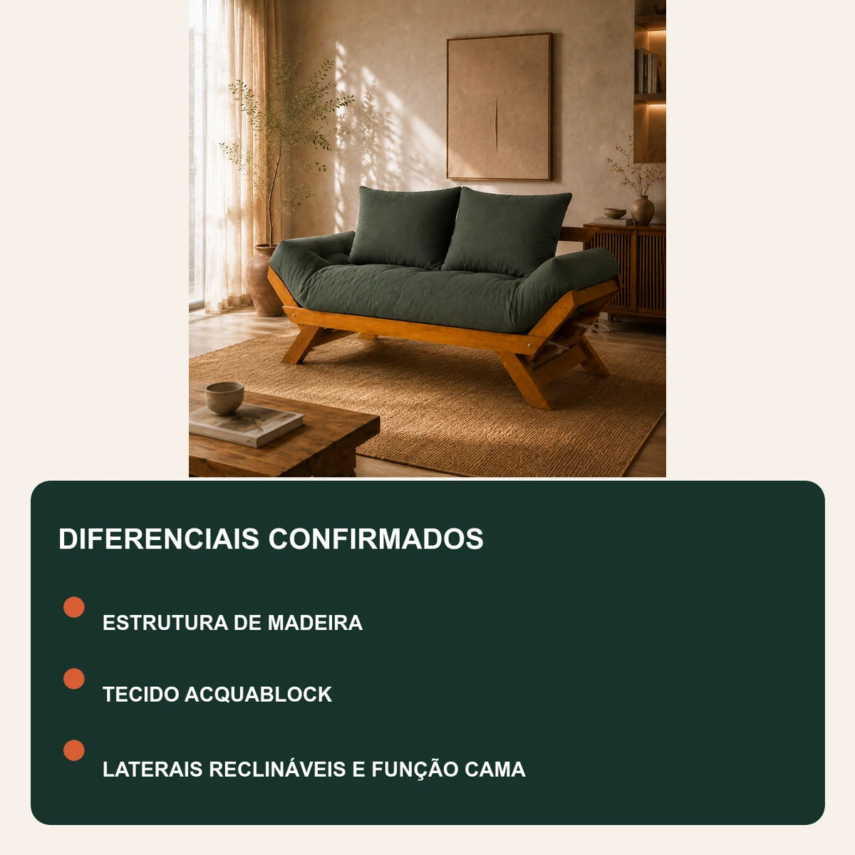 Sof� Cama Reclin�vel Futon D33 Jap�o  - Madeira Mel Tecido Acquablock Cor Verde Oliva - diferenciais