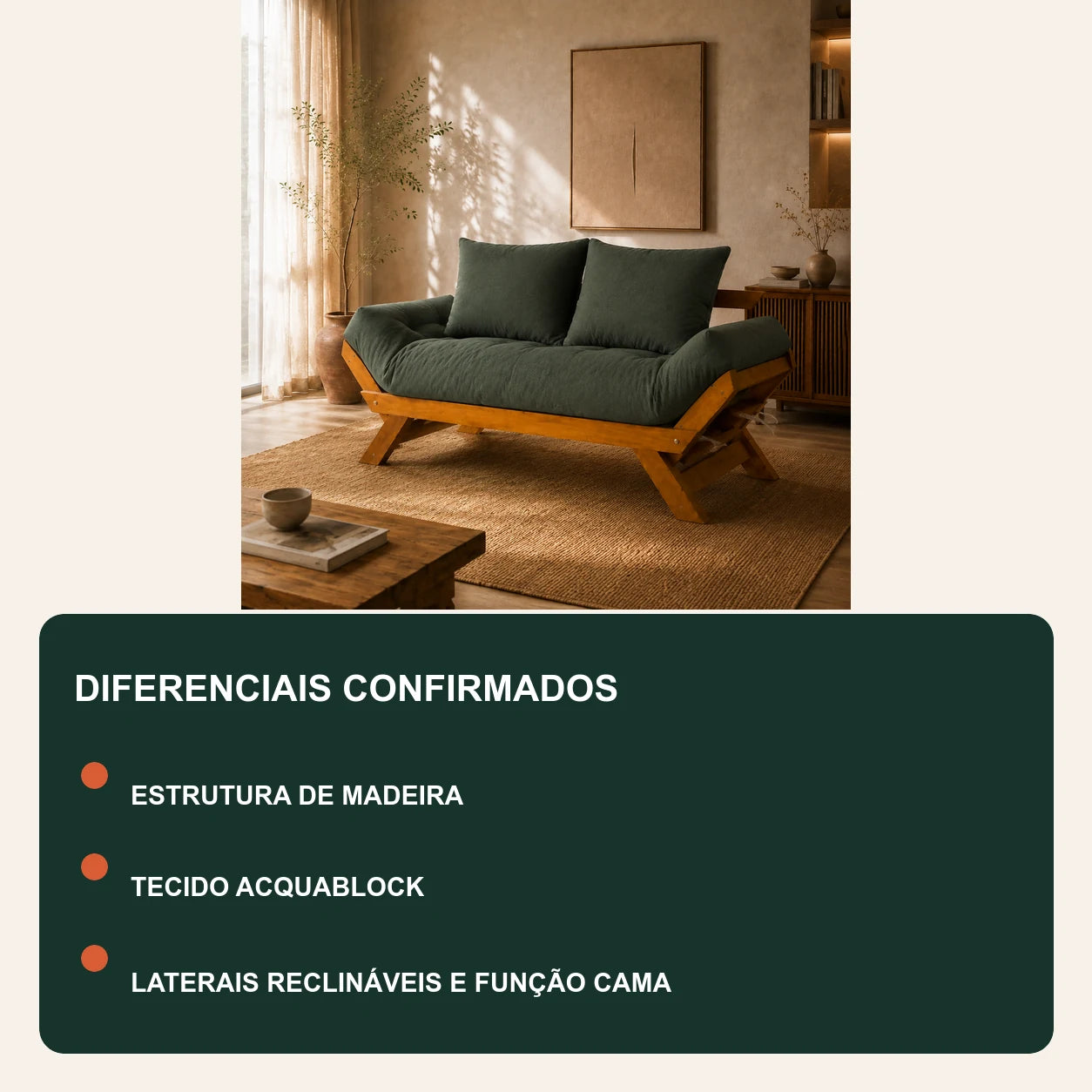 Sof� Cama Reclin�vel Futon Jap�o  - Madeira Mel Tecido Acquablock Cor Verde Oliva - diferenciais