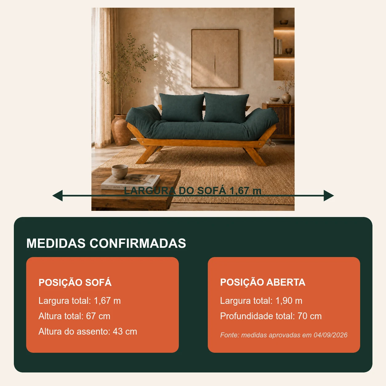 Sof� Cama Reclin�vel Futon D33 Jap�o  - Madeira Mel Tecido Acquablock Cor Verde Oliva - medidas