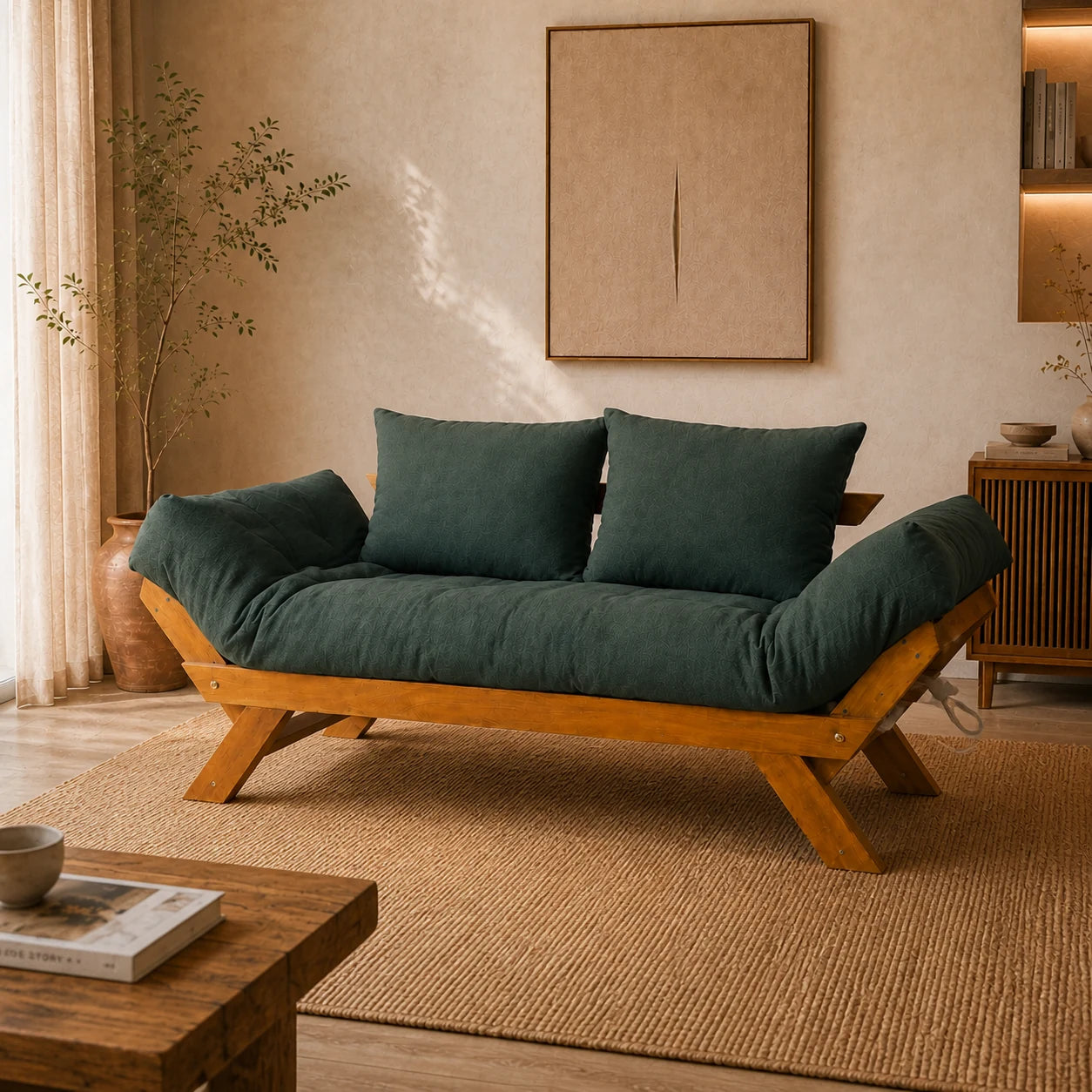 Sof� Cama Reclin�vel Futon D33 Jap�o  - Madeira Mel Tecido Acquablock Cor Verde Oliva - reclinada