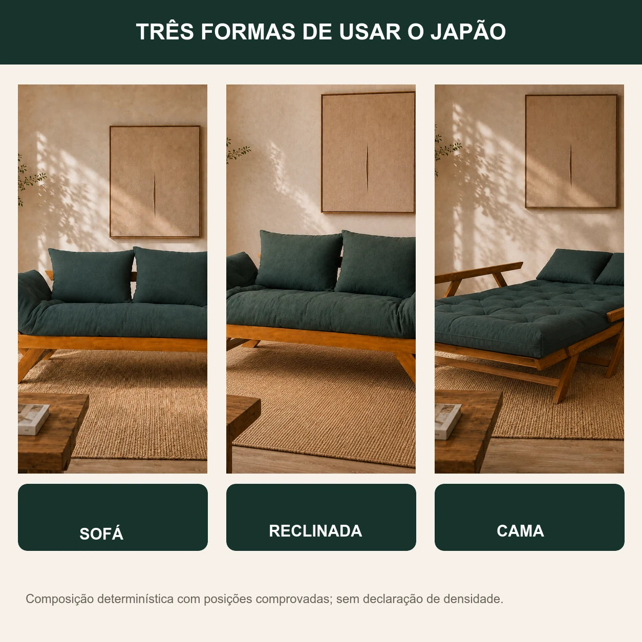 Sof� Cama Reclin�vel Futon Jap�o  - Madeira Mel Tecido Acquablock Cor Verde Oliva - transformacao