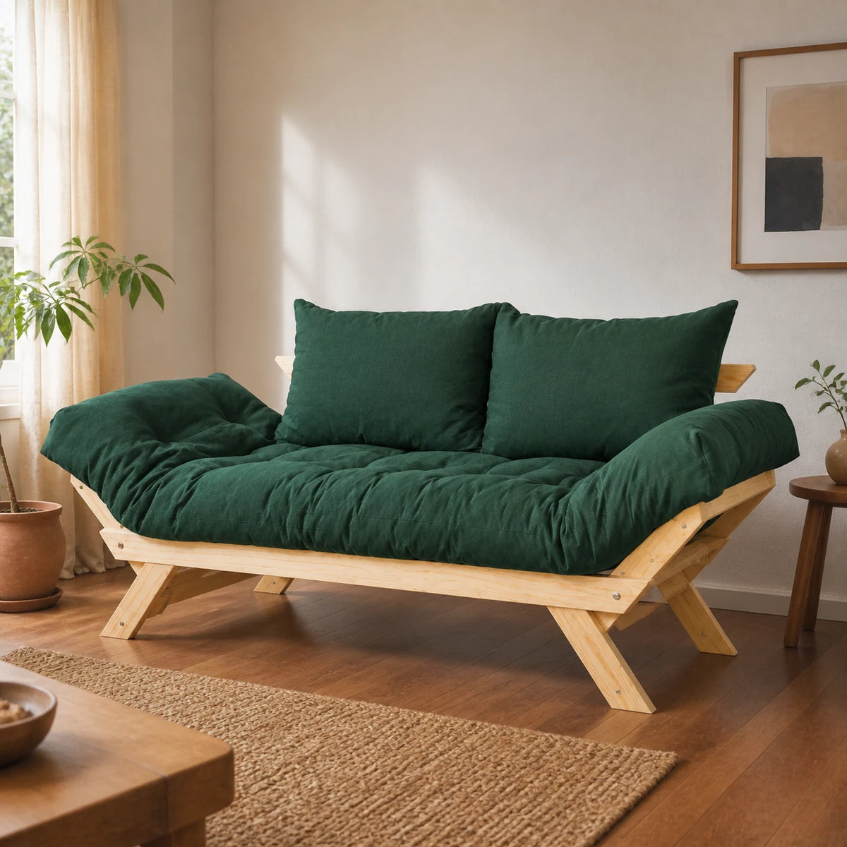 Sof� Cama Reclin�vel Futon Jap�o - Madeira Sem Pintura Tecido Acquablock Cor Verde Oliva - ambientada