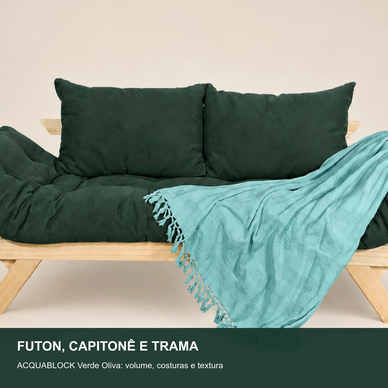 Sof� Cama Reclin�vel Futon Jap�o - Madeira Sem Pintura Tecido Acquablock Cor Verde Oliva - detalhe-capitone