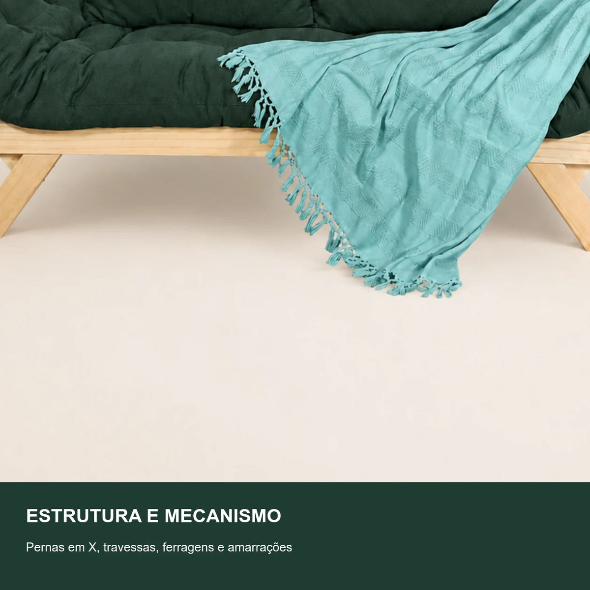 Sof� Cama Reclin�vel Futon Jap�o - Madeira Sem Pintura Tecido Acquablock Cor Verde Oliva - detalhe-mecanismo