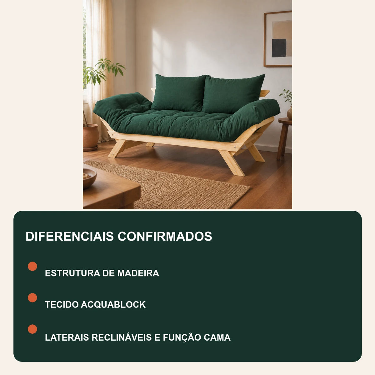 Sof� Cama Reclin�vel Futon Jap�o - Madeira Sem Pintura Tecido Acquablock Cor Verde Oliva - diferenciais