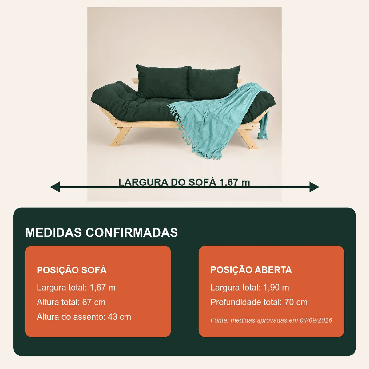 Sof� Cama Reclin�vel Futon Jap�o - Madeira Sem Pintura Tecido Acquablock Cor Verde Oliva - medidas