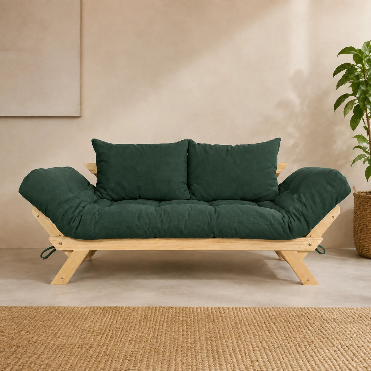 Sof� Cama Reclin�vel Futon Jap�o - Madeira Sem Pintura Tecido Acquablock Cor Verde Oliva - reclinada