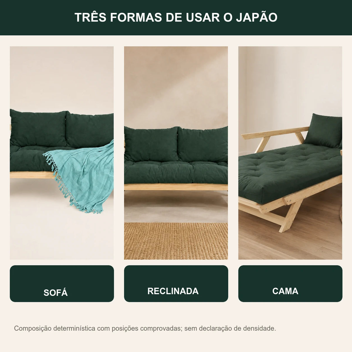 Sof� Cama Reclin�vel Futon Jap�o - Madeira Sem Pintura Tecido Acquablock Cor Verde Oliva - transformacao