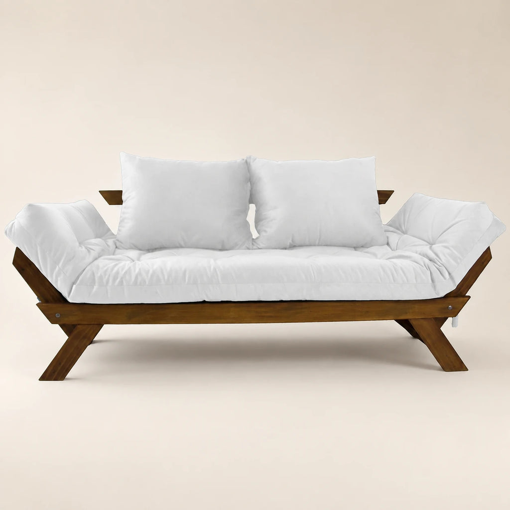 Sof� Cama Reclin�vel Futon Jap�o - Madeira Imbuia Tecido Acquablock Cor Branco Off