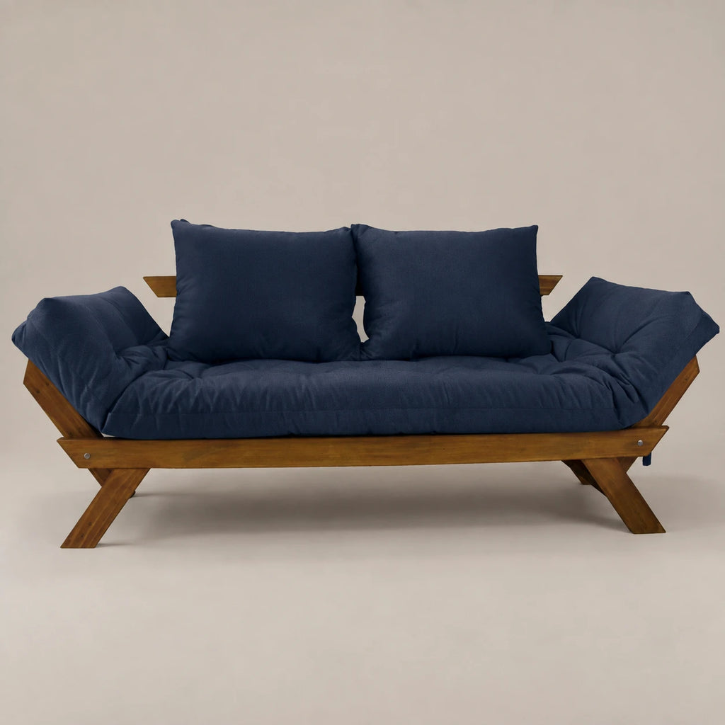 Sof� Cama Reclin�vel Futon D33 Jap�o - Madeira Imbuia Tecido  Acquablock Cor Azul Royal