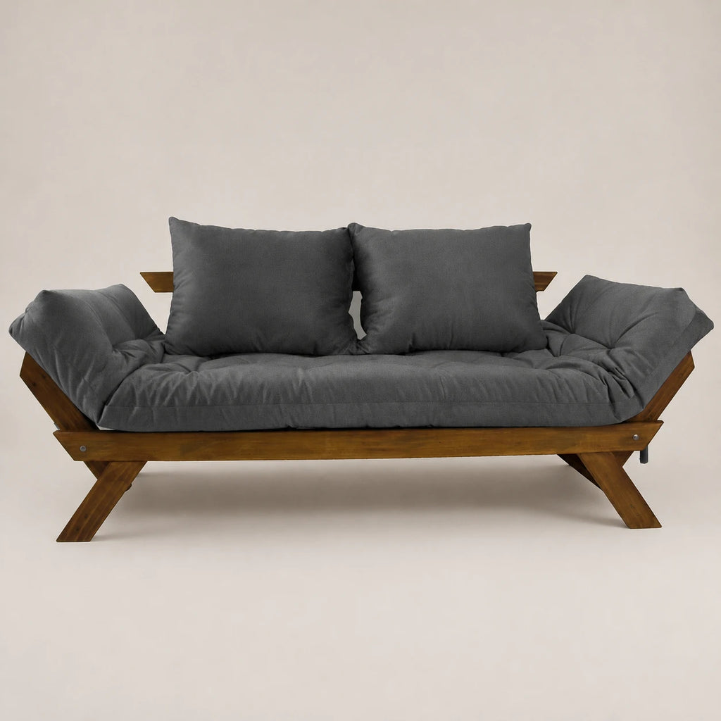 Sof� Cama Reclin�vel Futon D33 Jap�o - Madeira Imbuia Tecido Acquablock Cor Chumbo