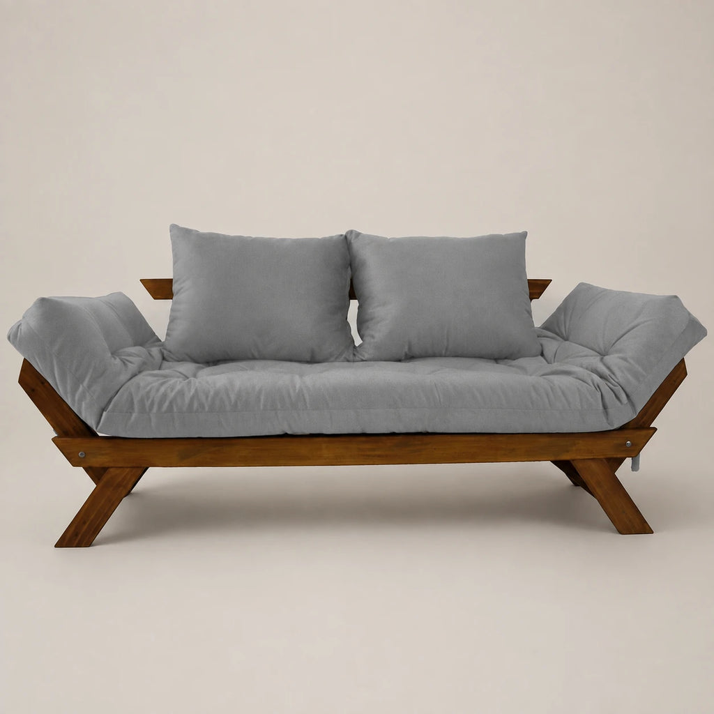 Sof� Cama Reclin�vel Futon D33 Jap�o - Madeira Imbuia Tecido Acquablock Cor Cinza Linho