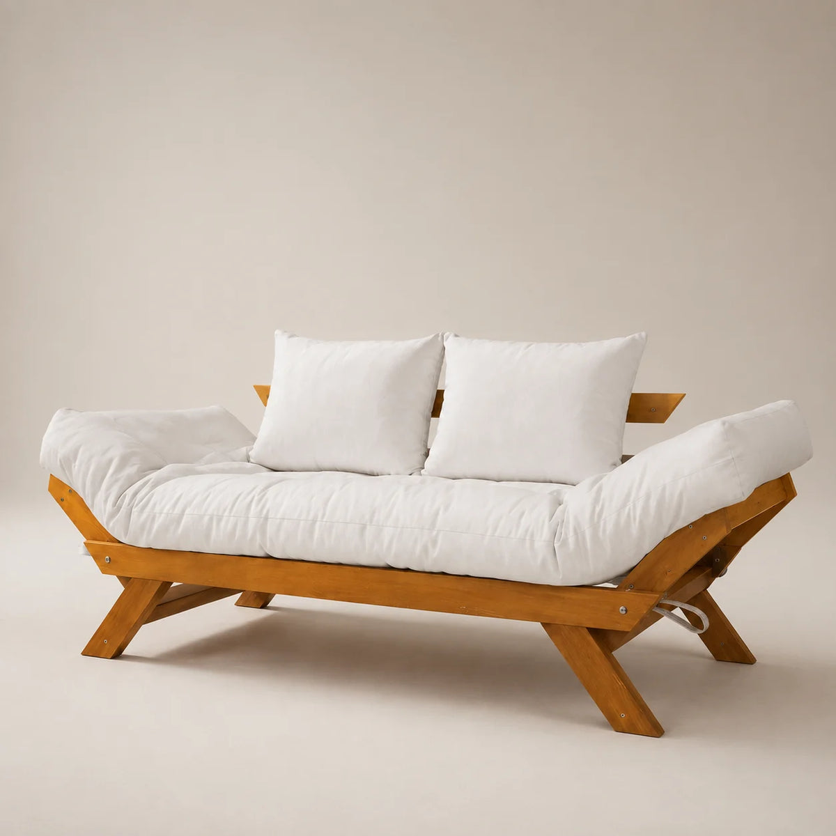 Sofá Cama Reclinável Futon Japão - Madeira Mel Tecido Acquablock Cor Branco Off