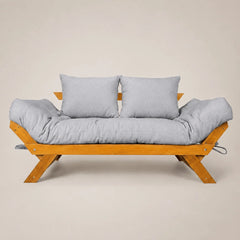 Sofá Cama Reclinável Futon Japão - Madeira Mel Tecido Acquablock Cor Cinza Linho