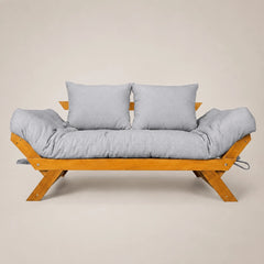 Sofá Cama Futon Reclinável Japão - Madeira Nobre Mel Tecido Acquablock Cor Cinza Linho